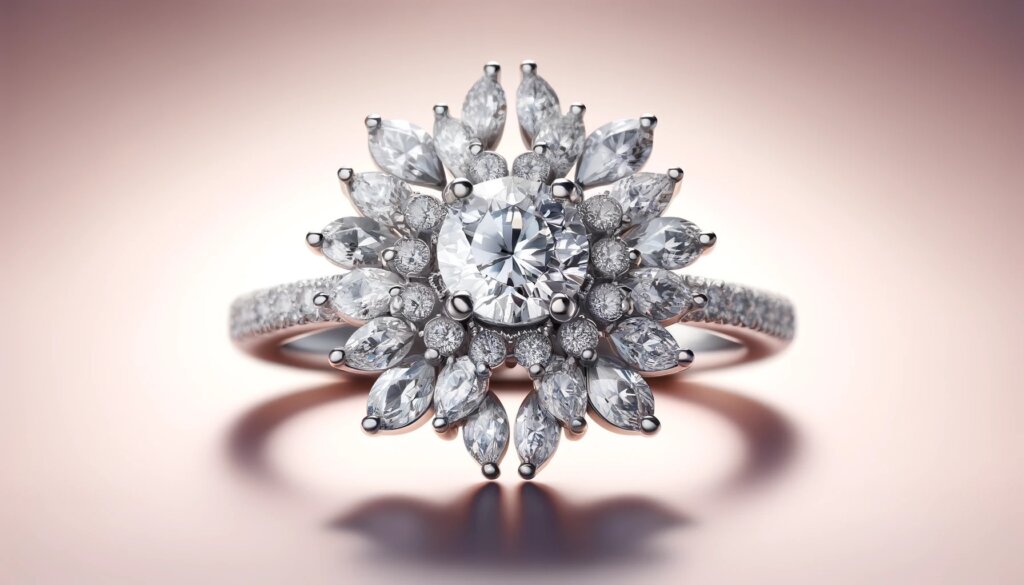 Flower Engagement Ring with round center stone diamond small rounds and marquise on the side