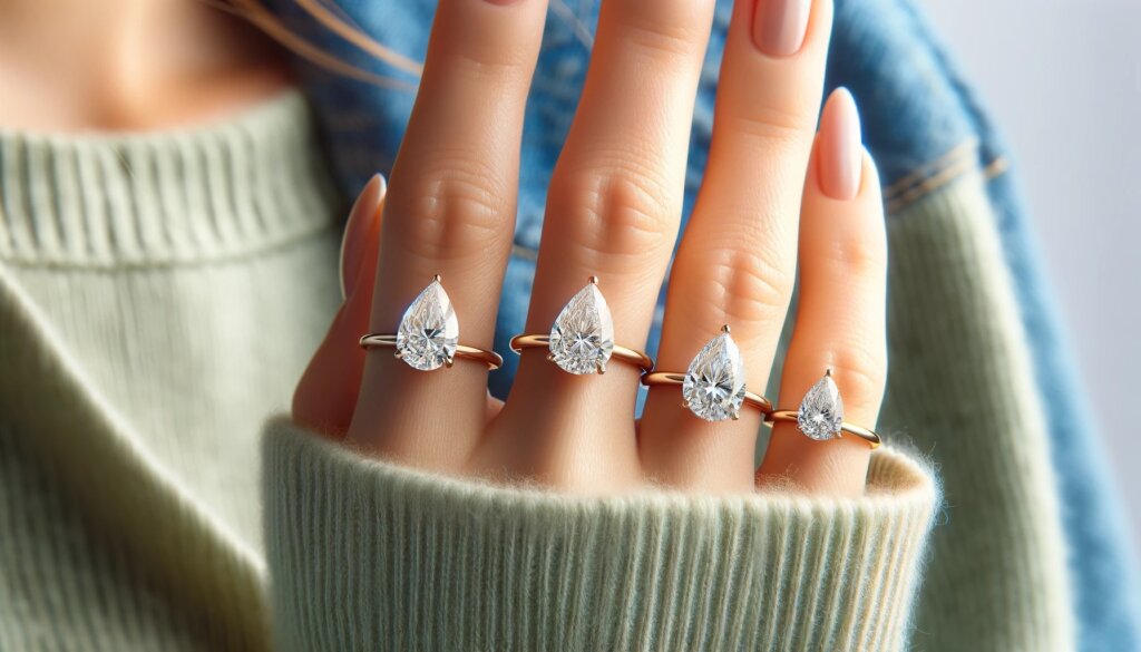 Diamond Carat Size showing by pear shaped diamond engagement rings on hand