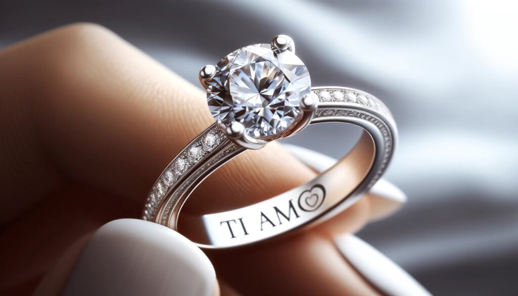 Engraved Diamond Engagement Ring - Engraving says Ti Amo