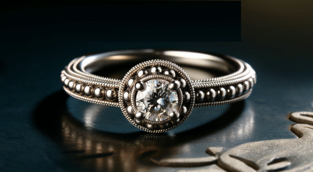 A wide 16_9 image emphasizing the charm of milgrain in engagement rings, focusing closely on the intricate milgrain details