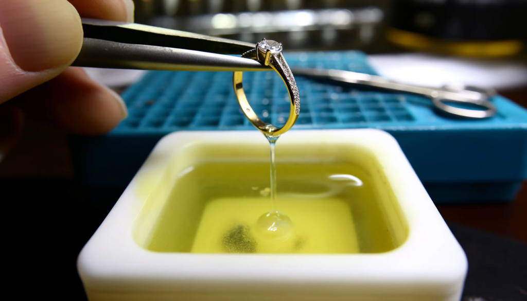  the process of white gold ring dipping, featuring a close-up view of a white gold ring being dipped