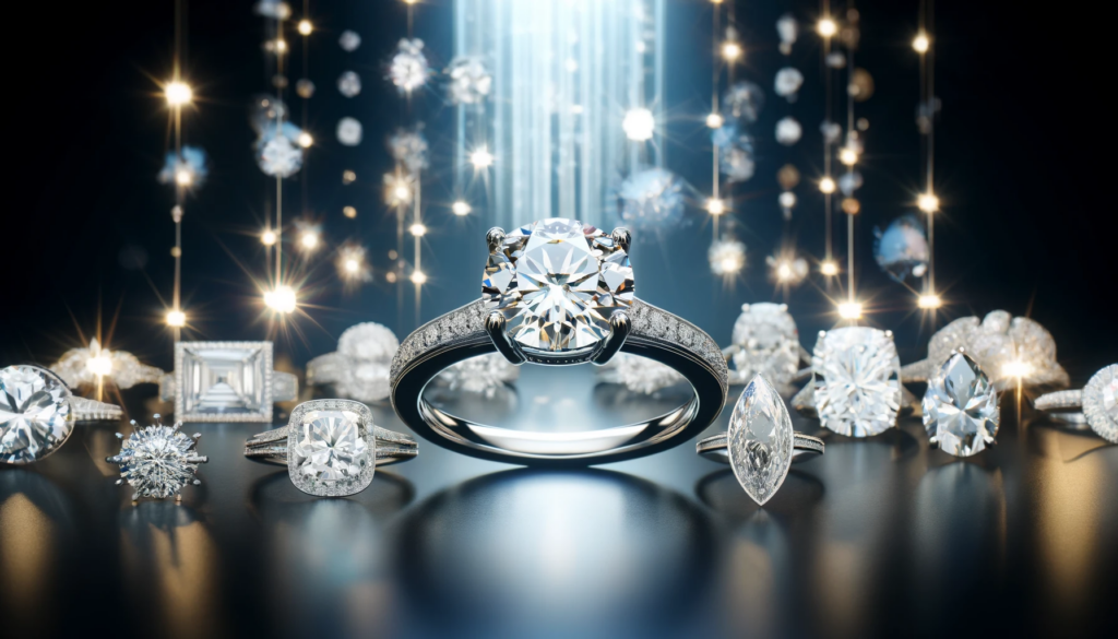 a variety of diamond engagement rings displayed under bright, sparkling light to show which cut outsparkle the most