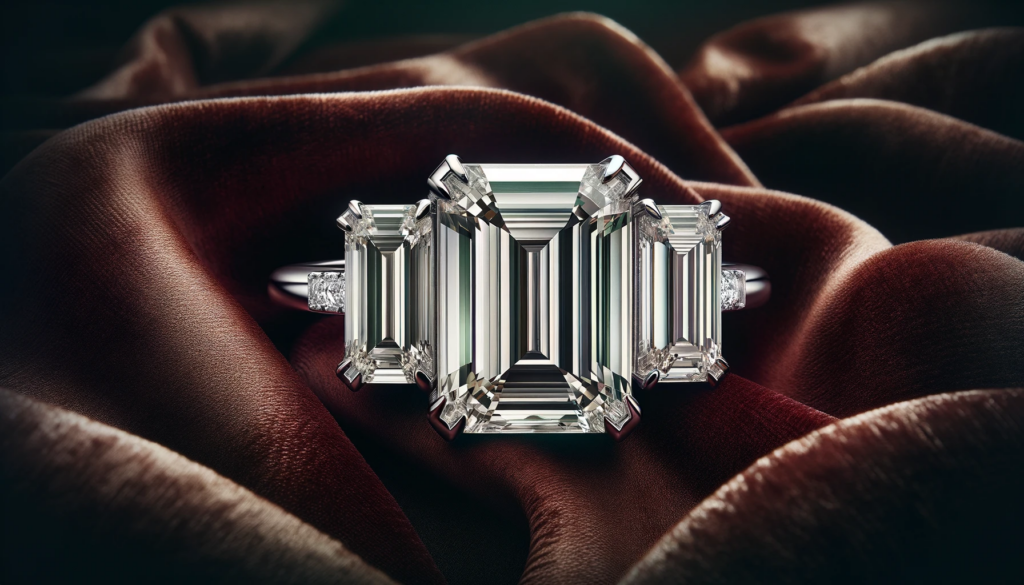 sophisticated three-stone engagement ring with emerald-cut diamonds on a rich, opulent background