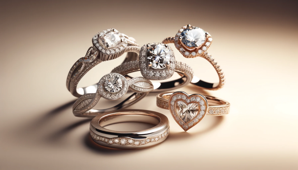 a variety of wedding bands and engagement rings showing how to  pair halo engagement rings with wedding band