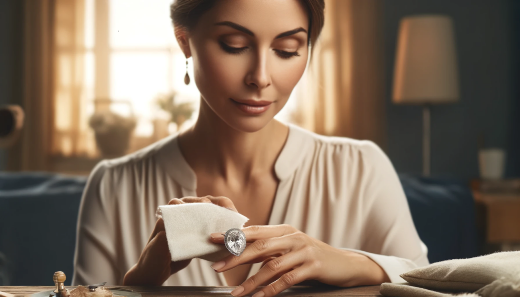 A woman delicately cleaning her pear-shaped diamond engagement ring with a soft cloth