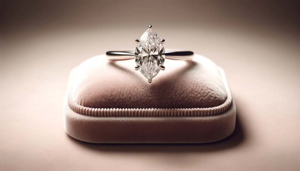  luxurious engagement ring displayed on an elegant velvet pad. The ring should feature a unique  skinny band marquise cut engagement ring