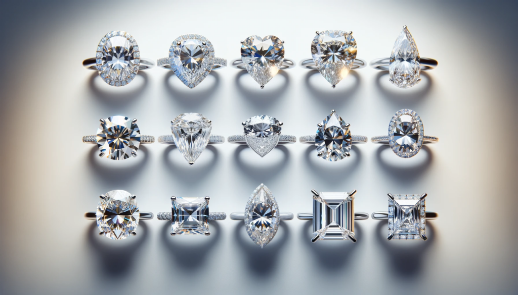 a curated selection of nine white diamond shapes set in engagement rings, each shown only once. The image includes diamond shapes: Round brilliant Princess cut diamond Cushion  cut diamond elongated Cushion cut diamond Emerald cut diamond Pear shaped diamond oval cut diamond Radiant cut diamond Asscher cut diamond Marquise cut diamond Heart shaped diamond