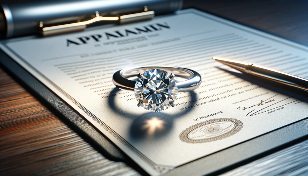 diamond ring appraisals, featuring a round brilliant cut diamond engagement ring positioned next its appraisal paper