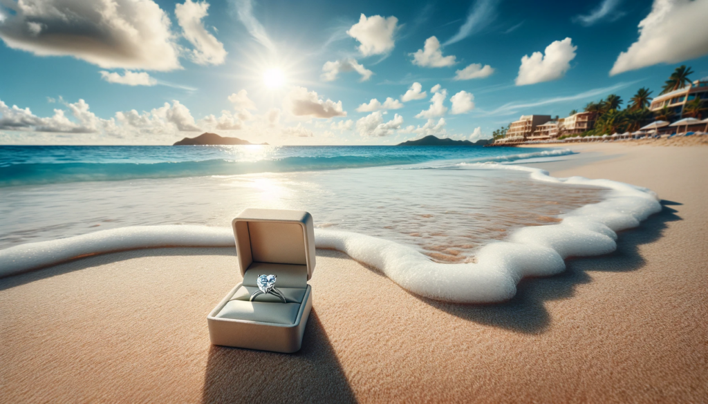 heart-shaped diamond engagement ring in the open ring box on the beach