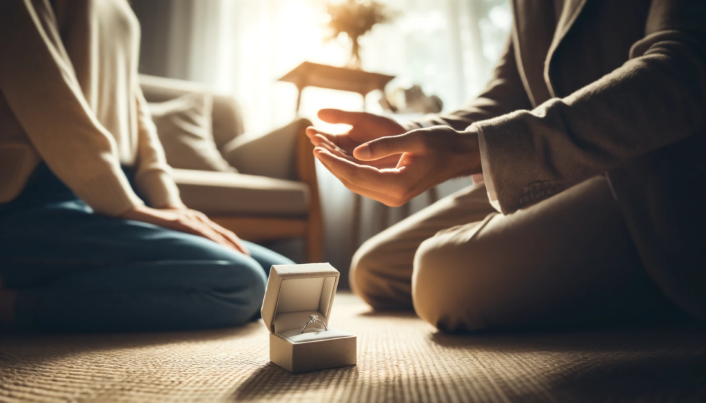 Guy proposing intimately at home with red box and engagement ring