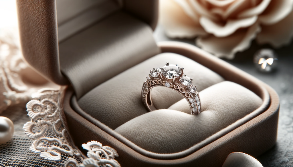 wide engagement ring displayed on a plush jewelry box to emphasize the intricate diamond accents on the wide band.