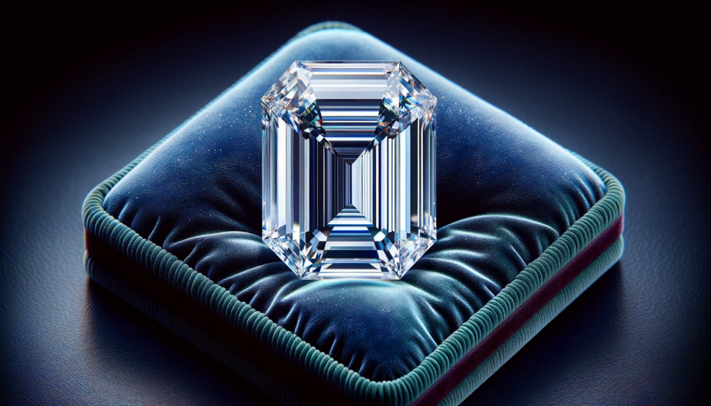 emerald-cut step diamond placed elegantly on a luxurious velvet pad