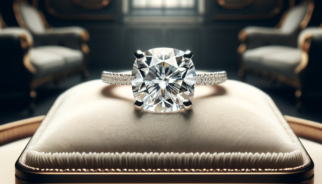 Solitaire engagement ring with a cushion brilliant full cut diamond displayed on a luxurious pad in an opulent dark setting, symbolizing high clarity and trust, ideal for a diamond buying guide