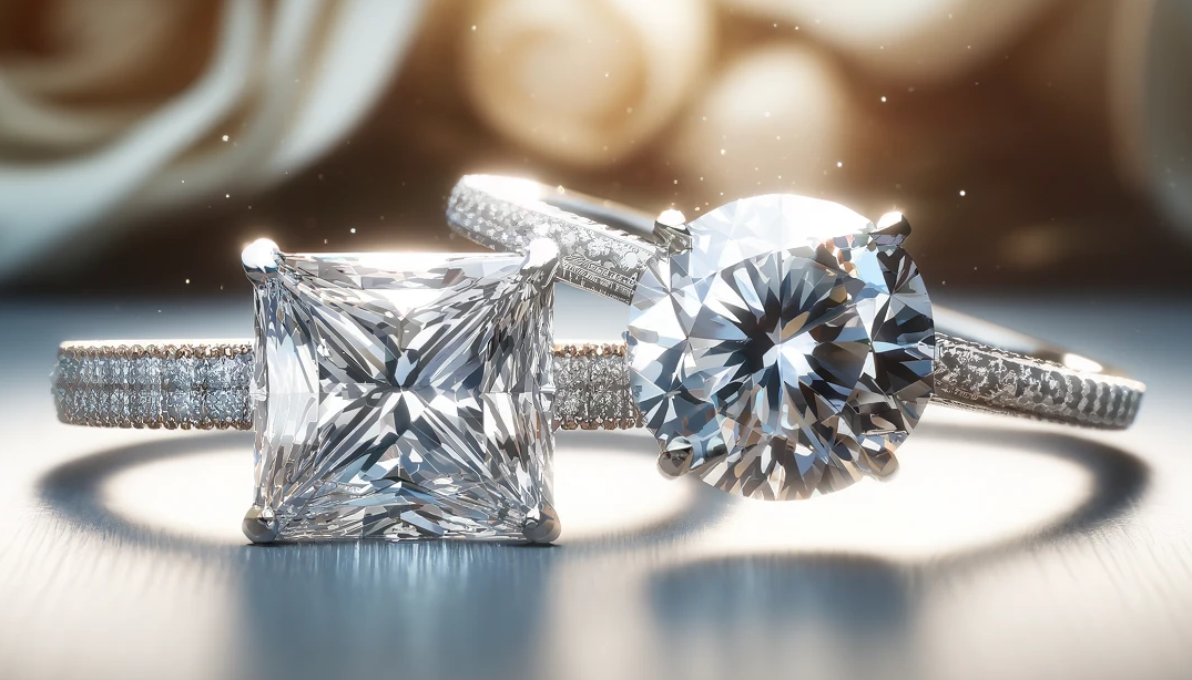 Comparative display of two engagement rings, one with a princess cut diamond and the other with a round cut diamond, set against an elegant backdrop to highlight their distinct features and sparkle, aimed at educating potential buyers