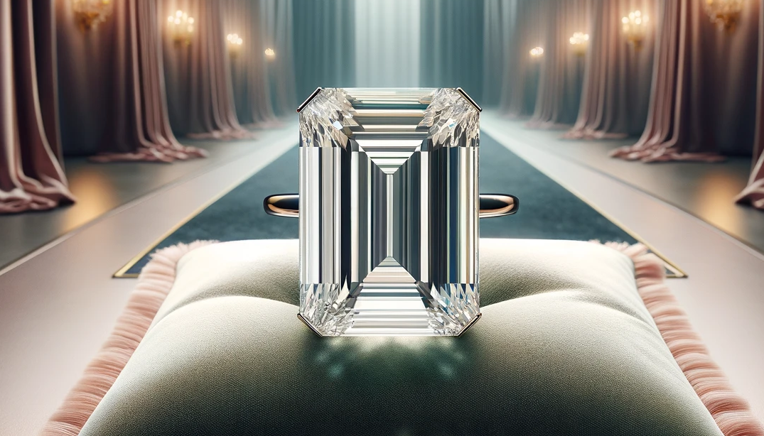 Elegant emerald cut diamond engagement ring displayed on a rich velvet pad, emphasizing the unique 'hall of mirrors' effect and clear facets of the diamond, set in a minimalistic yet opulent environment to highlight its timeless sophistication and clarity