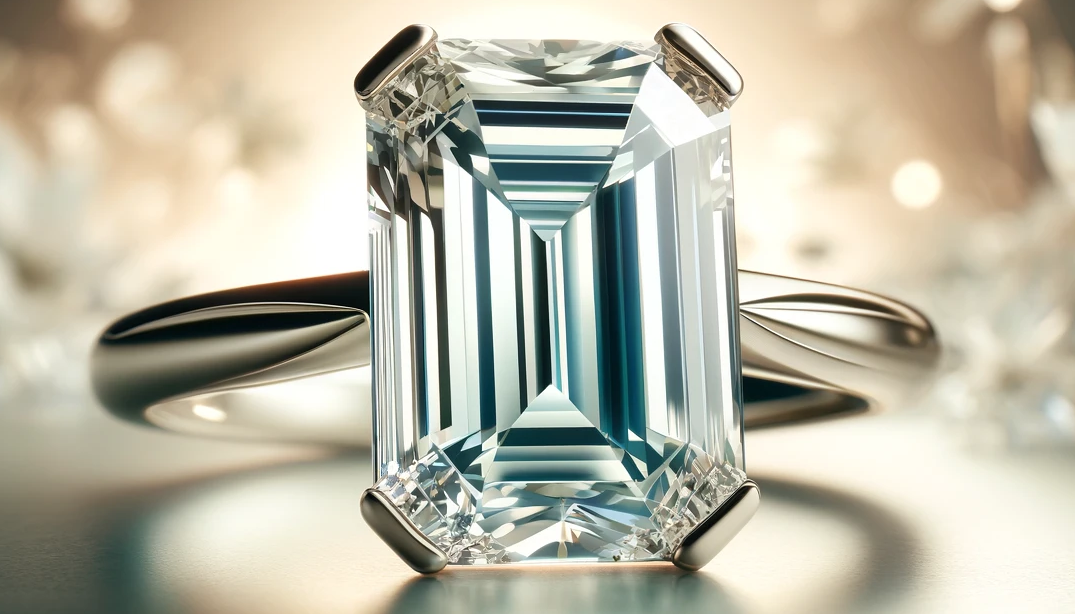 An elegant and wide image of an emerald cut diamond engagement ring, epitomizing the theme of VVS diamond clarity. The ring boasts a prominent emerald cut diamond set in a sophisticated design, with a background that is softly abstract, conveying exclusivity and high-end appeal. This image is designed to communicate trust and sophistication, targeting an upscale audience interested in the subtleties of VVS1 and VVS2 diamond grades and the allure of VVS clarity in luxury engagement rings