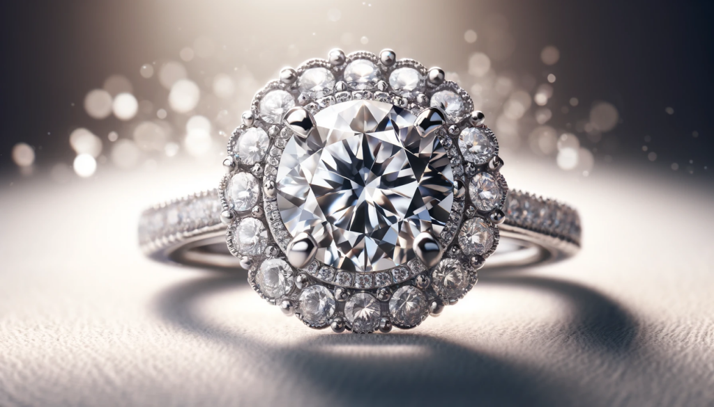 An elegant wide image featuring a sparkling round cut halo pave engagement ring with a prominent VVS diamond. The background is soft and abstract, suggesting premium quality and exclusiveness, ideal for educating customers about round brilliant diamond clarity and shape in engagement rings.