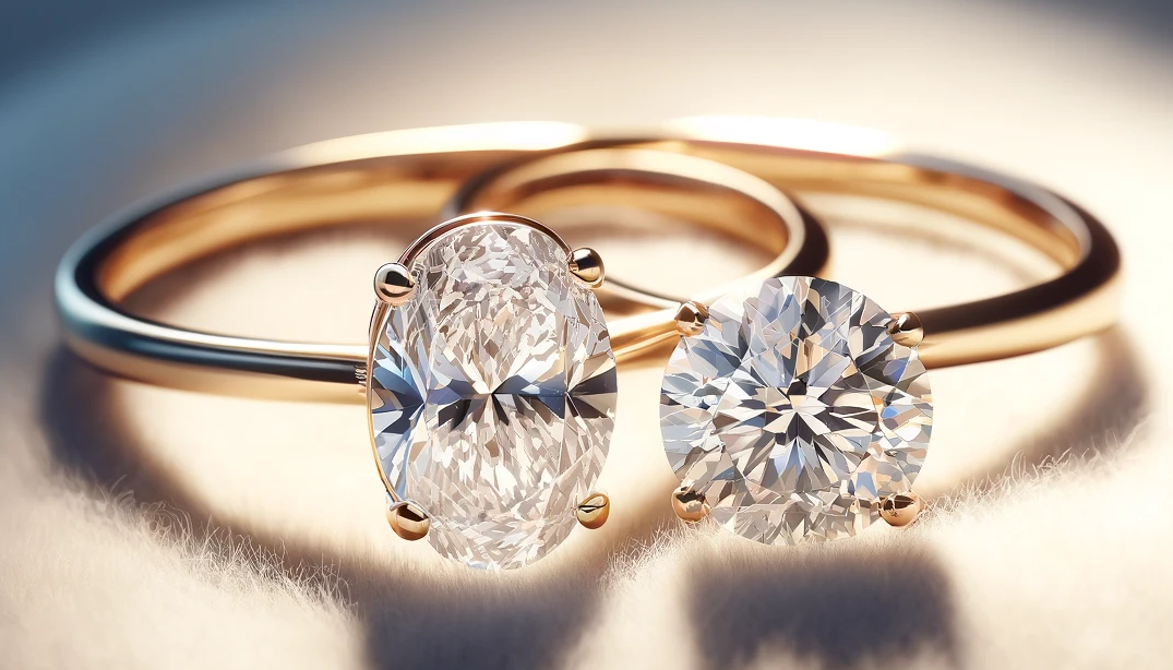 "Side-by-side comparison of two engagement rings on a soft background. The left ring features an oval cut diamond set in a simple gold band, emphasizing its elongated shape and larger surface area. The right ring has a round cut diamond, highlighting its brilliant sparkle and symmetrical design