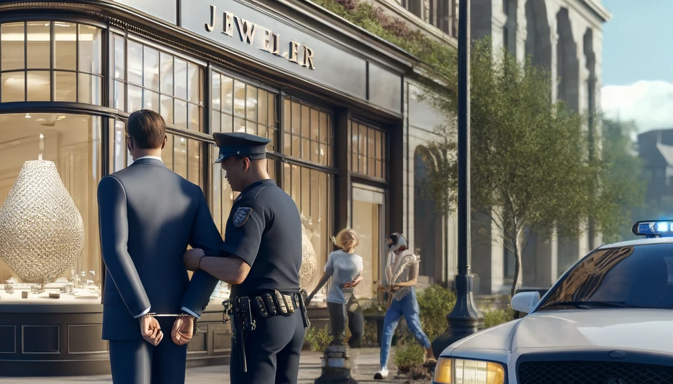 A hyper-realistic depiction of an urban scene outside 'JEWELER JEWELER', a high-end jewelry store. The image shows a middle-aged Caucasian man in a suit being handcuffed by a police officer, both viewed from the back. Bystanders, including a couple, also observed from behind, watch the arrest. The setting features realistic city elements like street lights and parked cars, enhancing the authenticity of a bustling urban environment