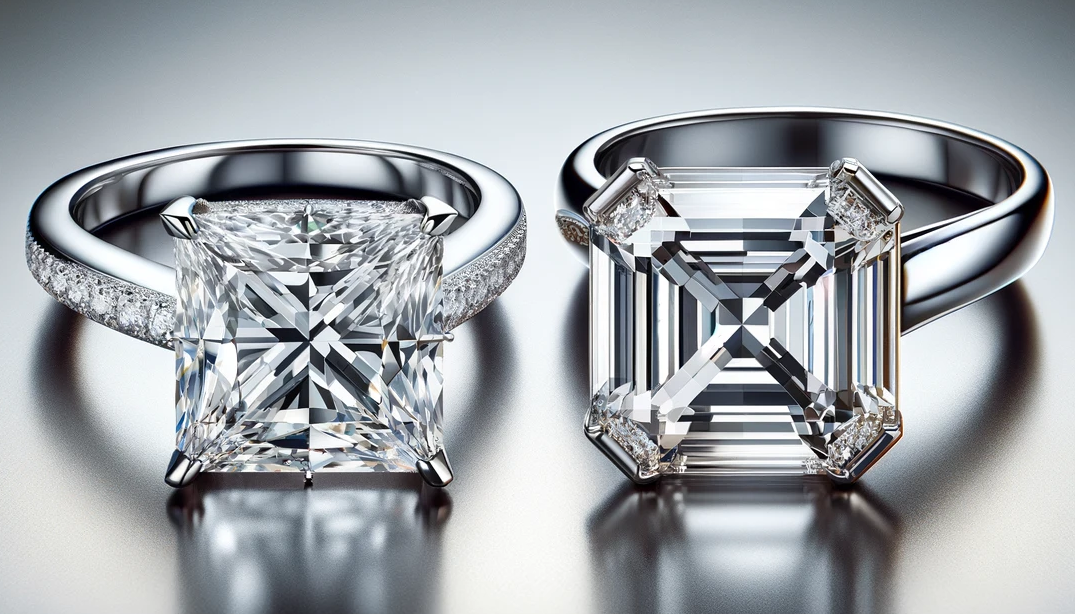 Side-by-side comparison of Princess cut and Asscher cut diamond engagement rings on a soft gray background. The Princess cut ring on the left has a sparkling, square diamond with brilliant facets set in a sleek silver band, while the Asscher cut ring on the right features a distinct square diamond with elegant step-cut facets in a classic gold band, reflecting a subtle hall of mirrors effect