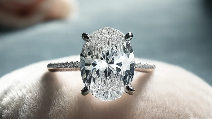 Elegant oval-cut diamond with bow tie effect, set in a pave engagement ring displayed on a plush, high-end velvet pad. The image focuses on the exquisite beauty and sophisticated setting of the diamond, enhancing its allure against a subtle and refined background.