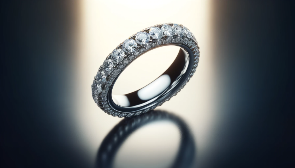 An elegant eternity ring with a full pave of diamonds on a platinum band, displayed on a smooth, reflective surface against a softly gradient background, symbolizing everlasting love and trust