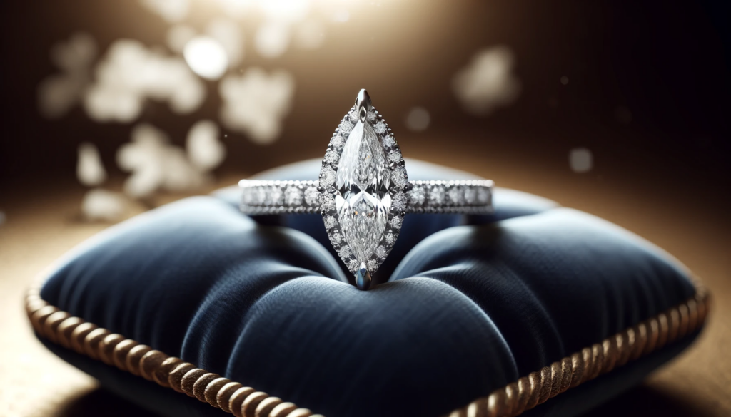 Elegant marquise pavé diamond engagement ring displayed on a luxurious velvet ring pad, emphasizing the intricate setting and sparkling diamonds, set against a soft-focused