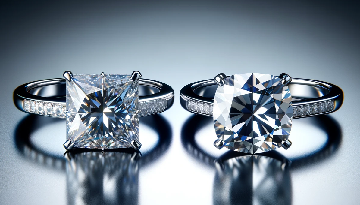 Two engagement rings displayed side by side on a reflective surface for comparison. The left ring features a square princess cut diamond with sharp angular corners, set in a simple band, symbolizing modern elegance. The right ring has a cushion cut diamond with rounded corners, set in a similarly styled band, embodying a soft and plush design. This image aids in visualizing the differences between princess cut and cushion cut diamonds, enhancing a detailed buying guide on choosing the right engagement ring