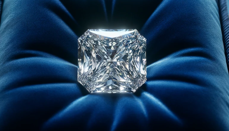 A luxurious scene with a Radiant cut diamond beautifully showcased on a plush, royal blue velvet cushion. The diamond radiates brilliance and fire, surrounded by subtle and elegant light reflections that enhance its sparkle.