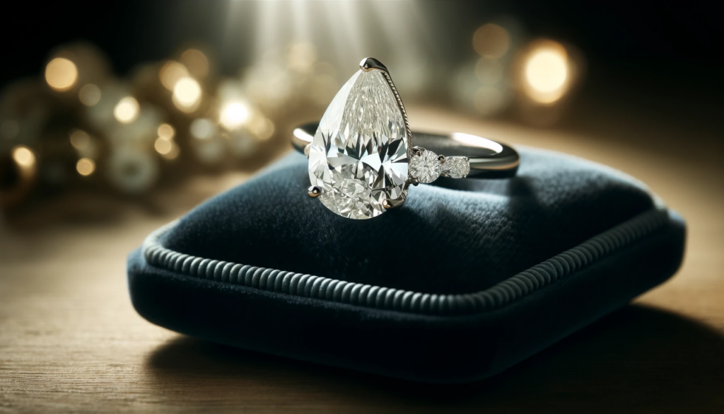 A luxurious pear-shaped diamond ring displayed on an elegant velvet jewelry pad