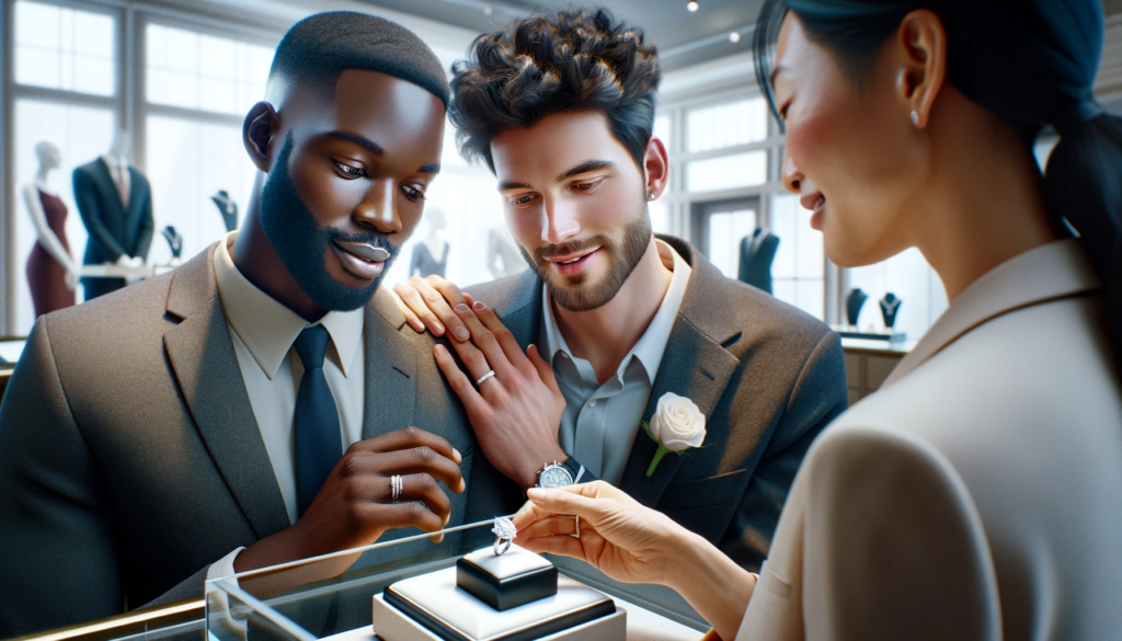 Detailed view of a gay couple, one Black and one Caucasian, experiencing awe while shopping for a pear-shaped diamond engagement ring at a luxurious jewelry store, assisted by an Asian female consultant. The store boasts high-end decor with soft lighting that accentuates the brilliance of the jewelry