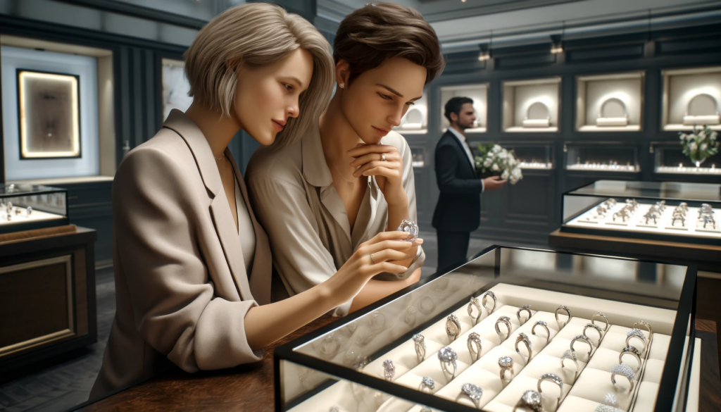 a lesbian couple, one with shoulder-length blonde hair and the other with a pixie cut brunette, both around 30 years old, exploring engagement rings in a high-end jewelry store. They are closely examining a pear-shaped diamond ring, showcased under refined lighting. The store boasts a luxurious decor with glass shelves and elegant design elements. A sophisticated salesperson is subtly present in the background, adding to the high-end feel of the scene