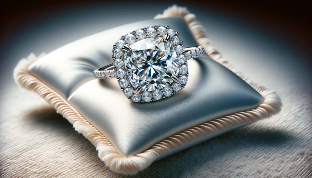 A luxurious cushion-cut diamond ring resting elegantly on a luxury pad