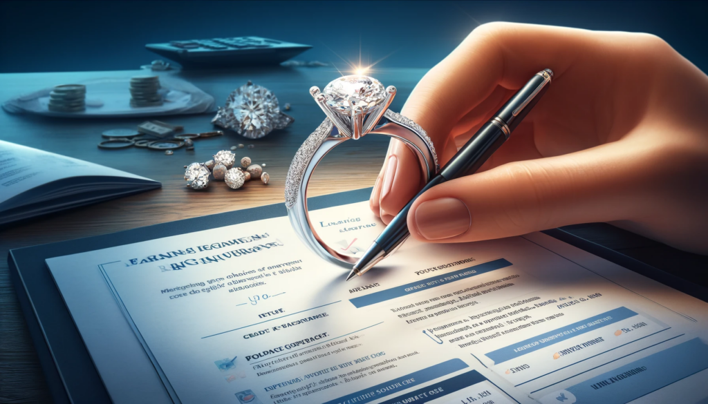 A close-up of a sparkling diamond engagement ring held securely, symbolizing protection and care. Background includes policy documents, a comparison chart, and a hand using a smartphone to research insurance providers. The image emphasizes reliability, trust, and is educational.