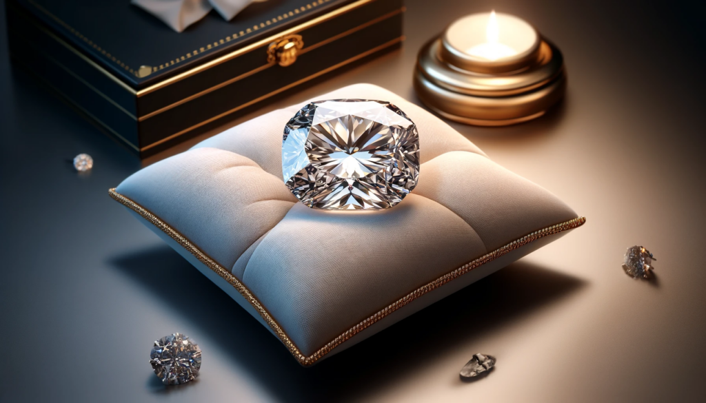 A luxurious elongated cushion-cut diamond resting on a luxury pad. The diamond is elongated, not square, with a 1.2 length-to-width ratio.