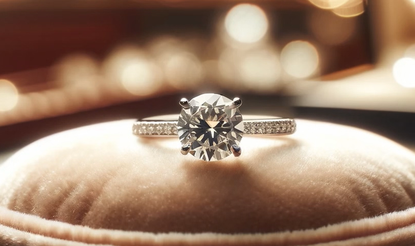 elegant diamond engagement ring worth $5000 resting on a plush luxury pad