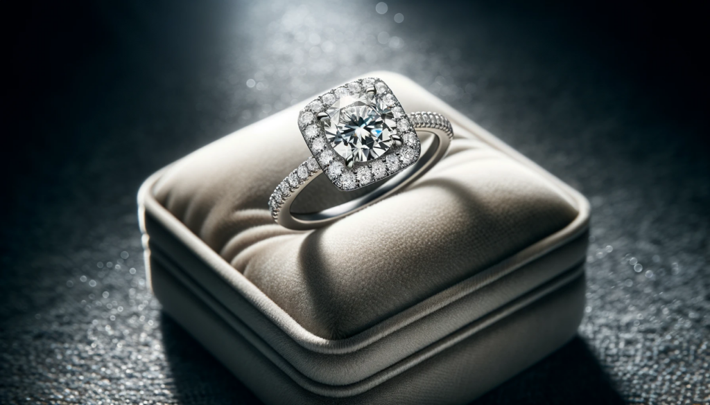 a single square halo engagement ring. The ring features a dazzling round brilliant diamond, centrally placed