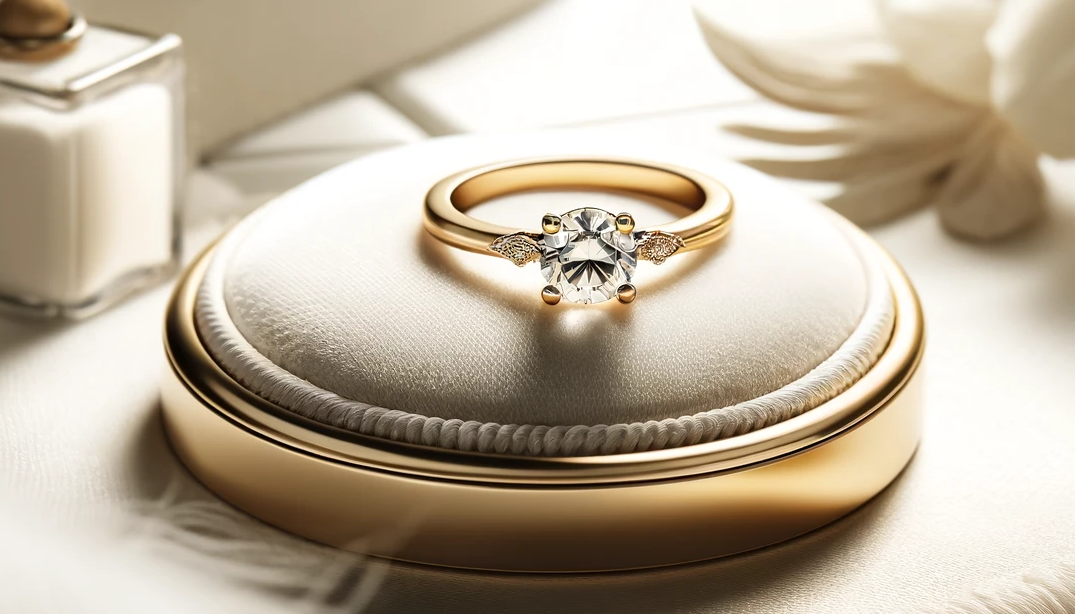  single 18K gold engagement ring placed on a luxury pad