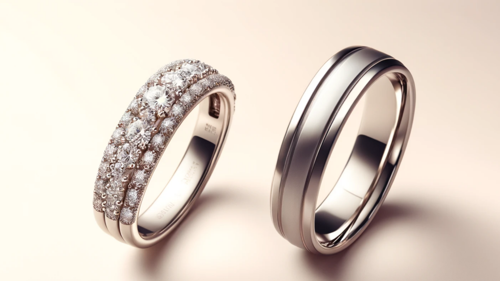 
An image depicting an anniversary band and a wedding band side by side, showcasing their differences. The anniversary band is on the left and a wedding band on the right