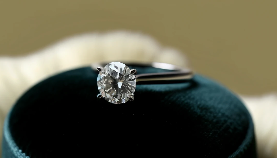 luxurious and elegant image depicting a 0.5 carat diamond ring placed delicately on a plush, velvet ring pad