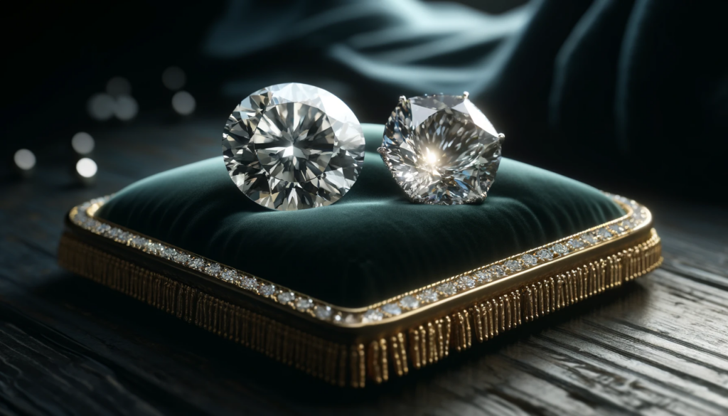 A luxurious presentation of a cubic zirconia on the right and a diamond on the left side by side on an elegant, dark velvet pad, emphasizing their distinct qualities.