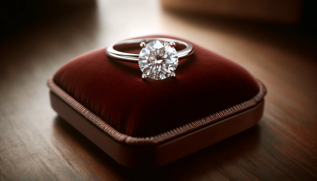 A luxurious and elegant image depicting a single $4000 diamond engagement ring displayed on a rich, plush velvet pad.