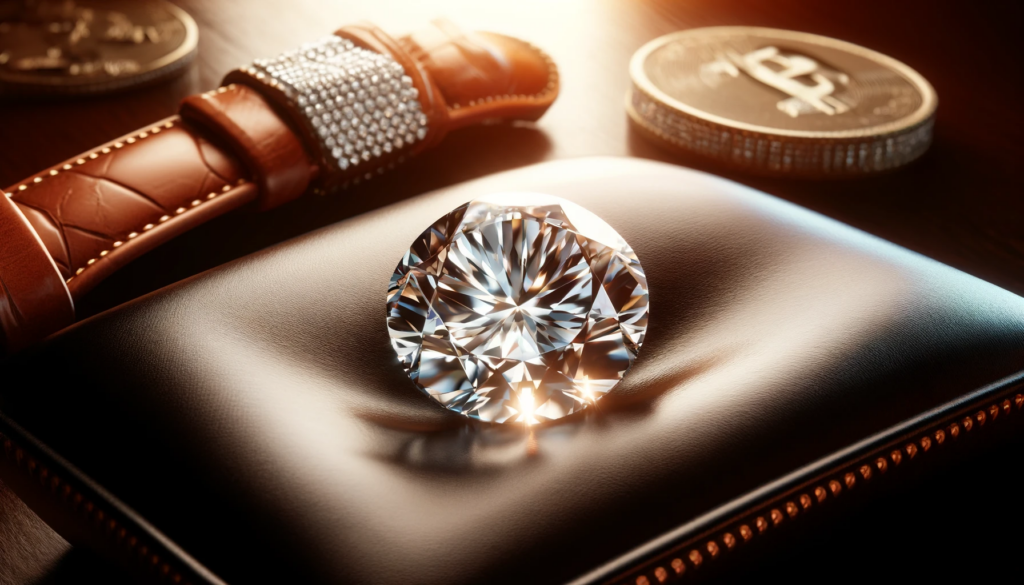 single $50,000 diamond resting on a luxury pad. The diamond is flawless and highly valuable, showcasing brilliance