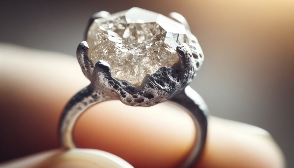 a close-up view of a rough, unpolished polki diamond engagement ring. The image shows the ring's unique, organic design, with a large, natural-looking, polki diamond 