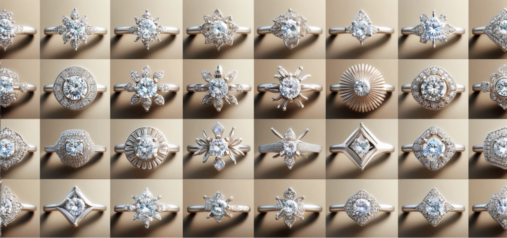 a collection of diamond rings, each representing different prong setting types. Include: Round Prongs, Claw Prongs, Petal Prongs, V-Shaped Prongs, Tab Prongs, Double Claw Prongs, Shared Prongs, Split Prongs, Invisible Prongs, Tulip Prongs, Fish Tail Prongs, Basket Prongs, European Prongs, U-Prongs, Bead Prongs, Chevron Prongs, Bar Prongs, Bezel Prongs, Cathedral Prongs, Flared Prongs, Radiant Prongs, Half-Round Prongs, Leaf Prongs, Geometric Prongs and Triple Claw Prongs