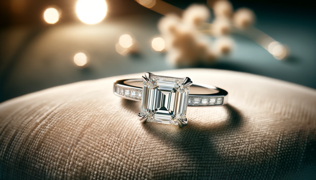 A luxurious, close-up scene of a baguette accent engagement ring resting on a luxury pad. The ring features a baguette-cut diamond as an accent stone,