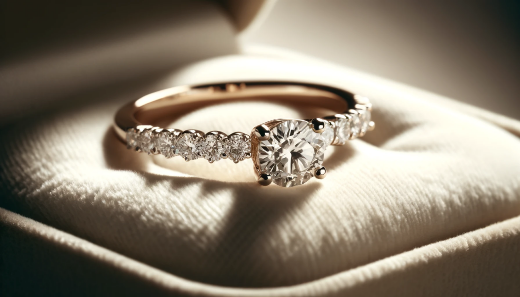 A luxurious, close-up view of a single engagement ring featuring diamond accents placed on a luxurious pad. The focus is on the diamond accents