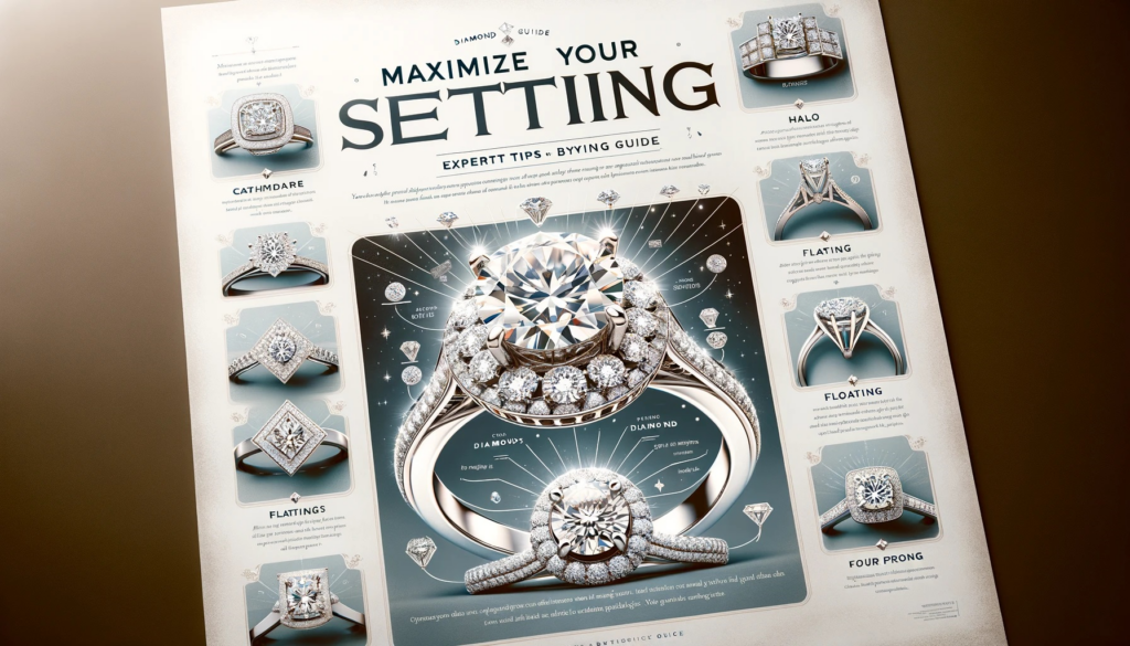 Promotional poster for a diamond buying guide, featuring illustrations of engagement ring settings such as Cathedral, Halo, and Floating that enhance diamond size. Each setting is described to help customers choose.