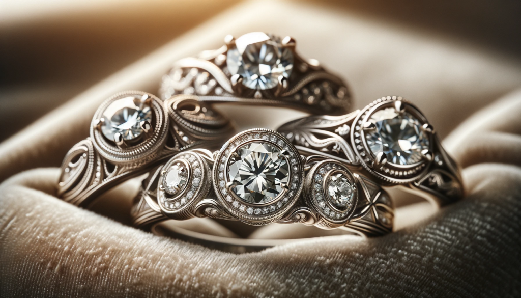 heirloom diamond rings, placed on a soft velvet background. These rings have intricate, vintage design that show heritage 