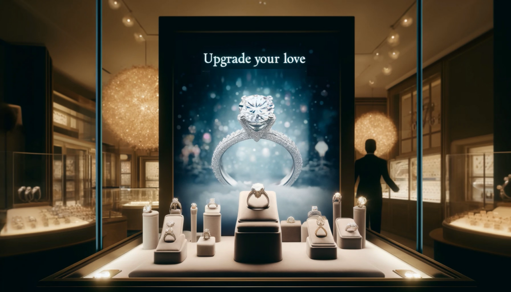 A serene and elegant jewelry store window display, featuring a variety of sparkling diamond engagement rings and wedding bands under soft lighting